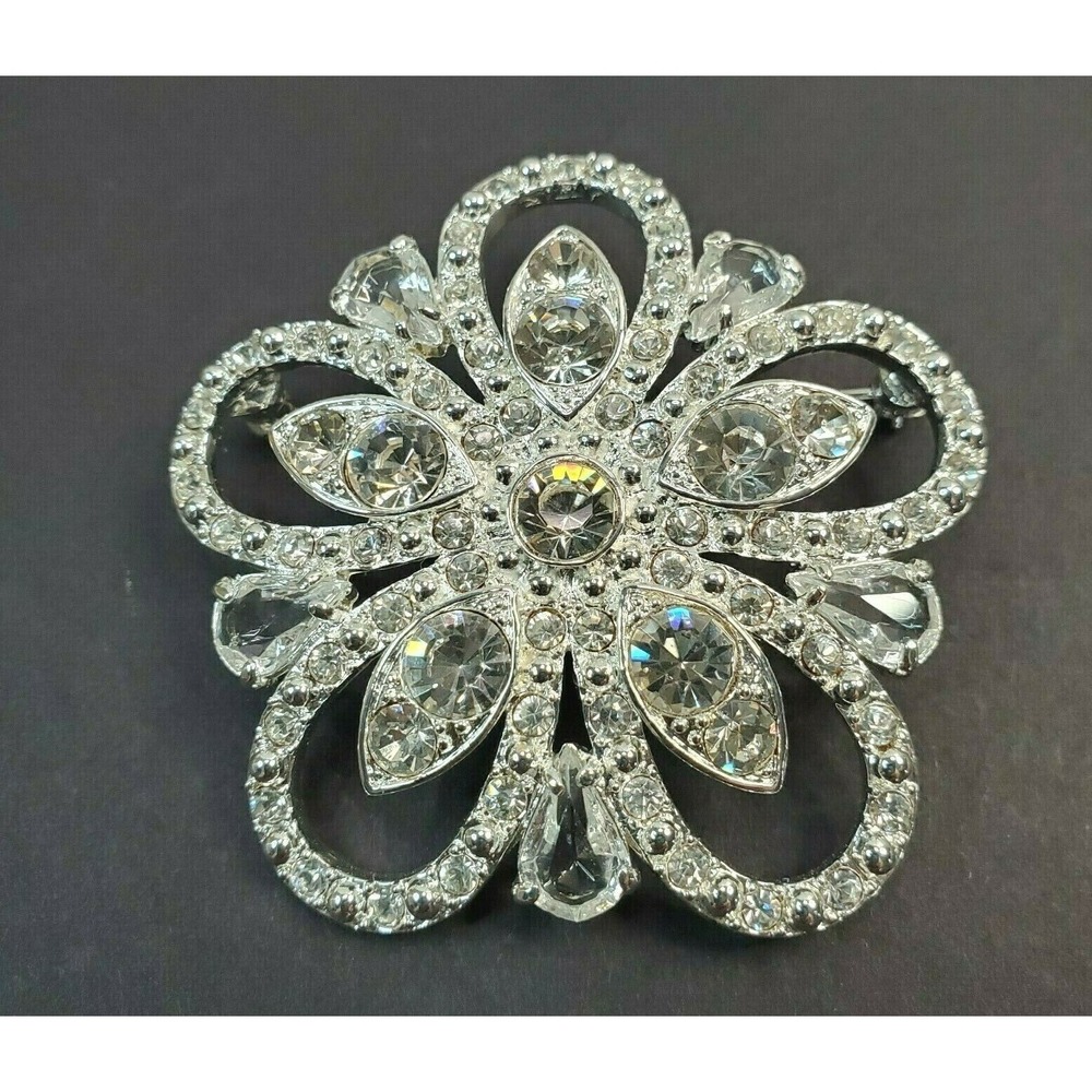 Vintage LC Liz Claiborne Silver Tone Metal & Clear Rhinestones Flower Brooch Pin